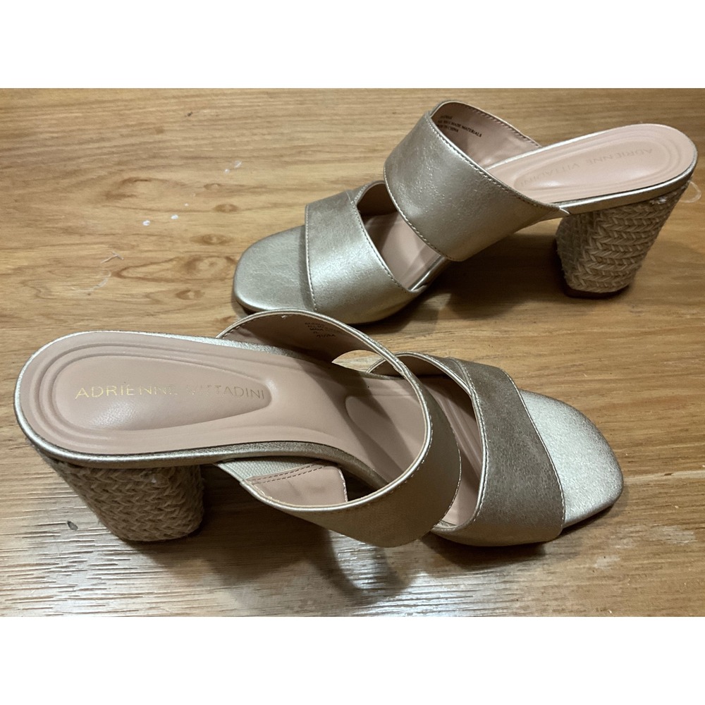 Adrienne Vittadini Evah Gold Metallic Raffia Block Heel Slide Sandals 7.5M